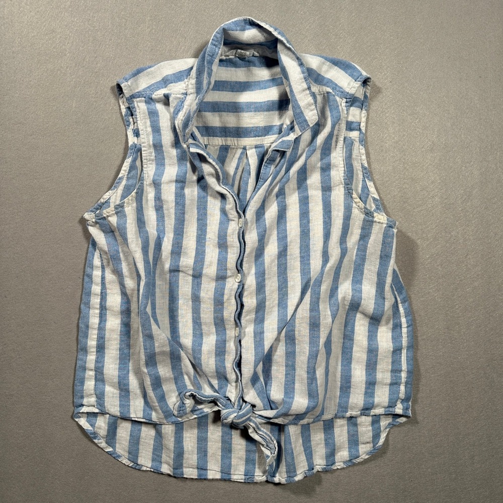 Beachlunchlounge Blue White Striped Linen Blend Tie Front Sleeveless Top Large